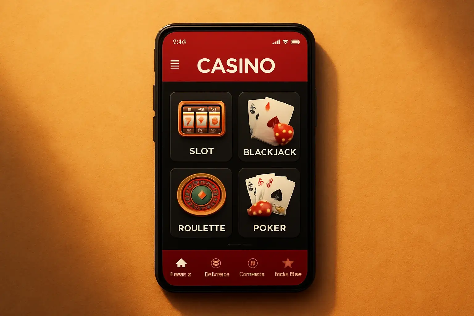 Smartphone Android con app de casino, lobby de juegos y acentos rojos