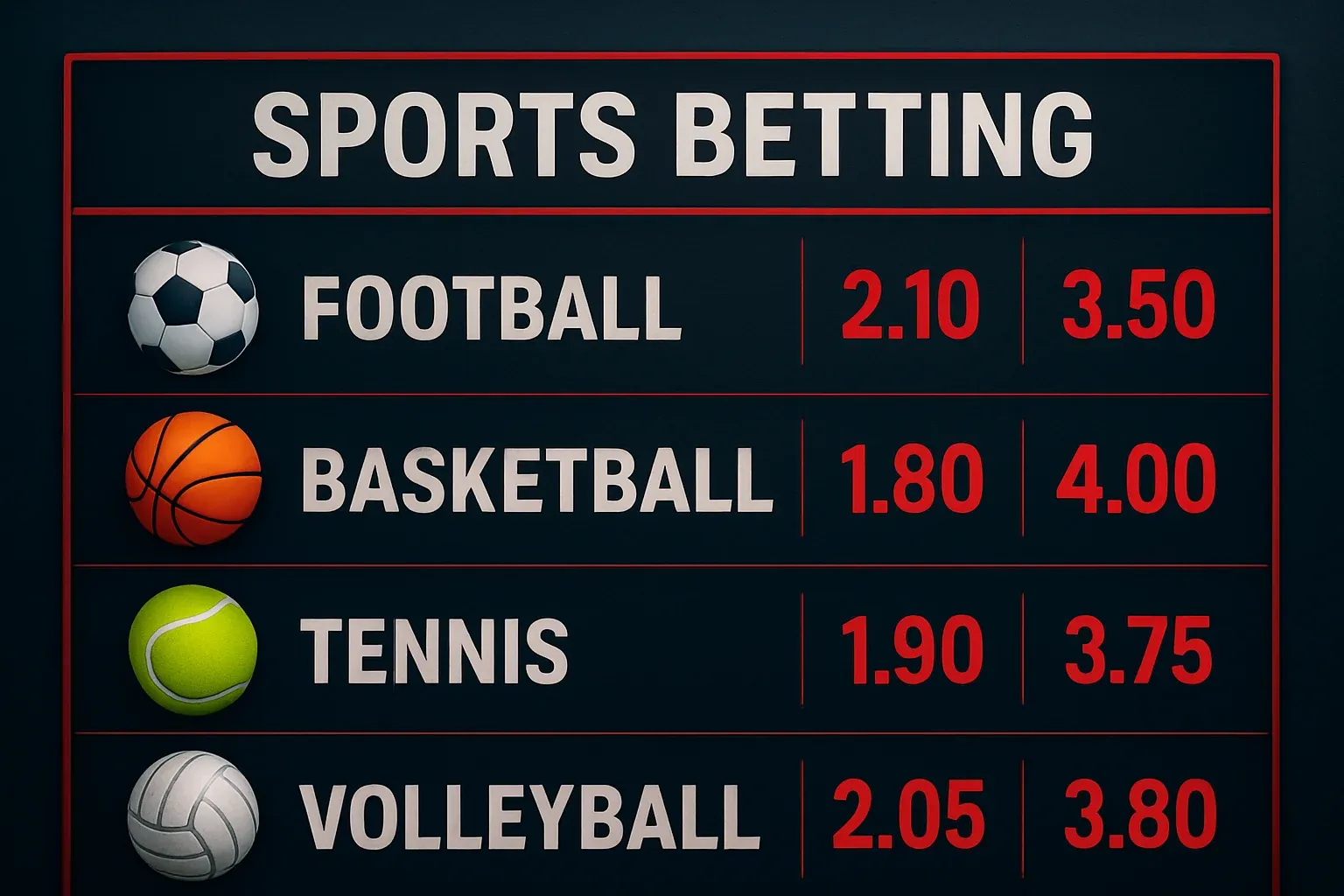 Mercados de apuestas deportivas con íconos y cuotas en fondo oscuro