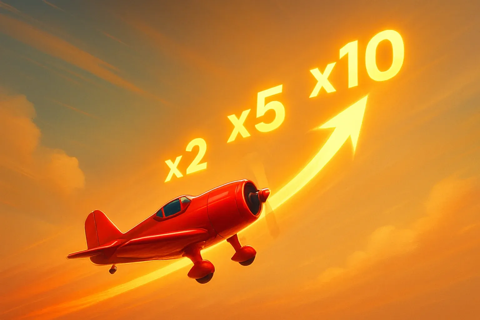 Banner del juego Aviator con avión rojo y curva multiplicadora brillante