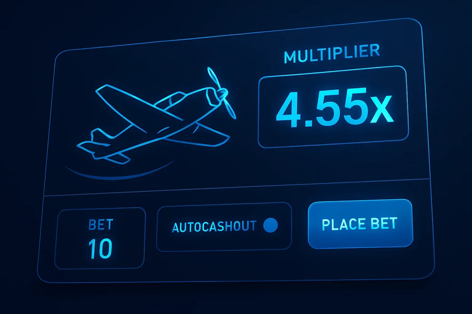 Mockup de interfaz Aviator con avión, multiplicador, apuestas y auto cobro