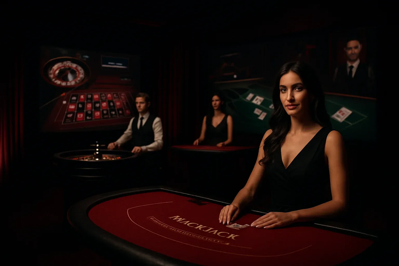 Estudio elegante de casino en vivo con crupieres, ruleta y blackjack