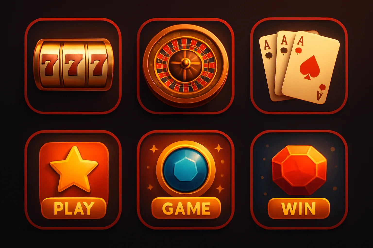 Colección de íconos de juegos de casino con fondo oscuro y acentos rojos