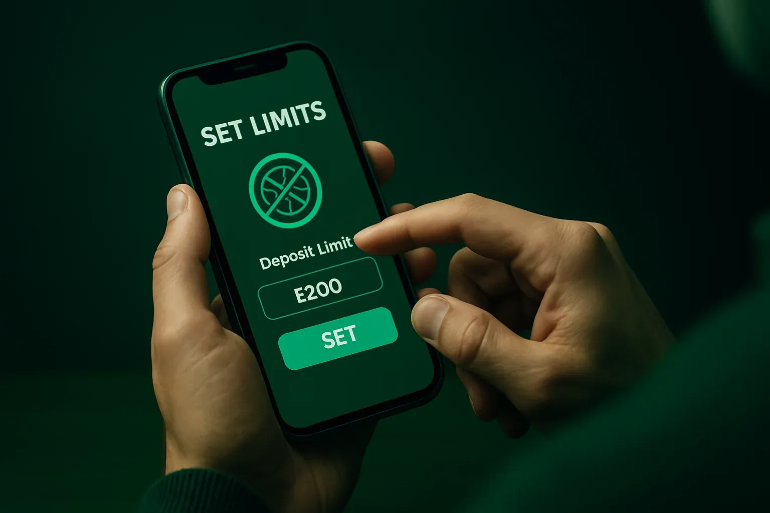 Persona configurando límites en smartphone, tema verde de seguridad y bienestar