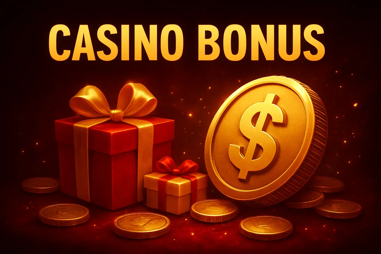 Banner promocional de bono casino con monedas doradas y regalos en colores de Bolivia